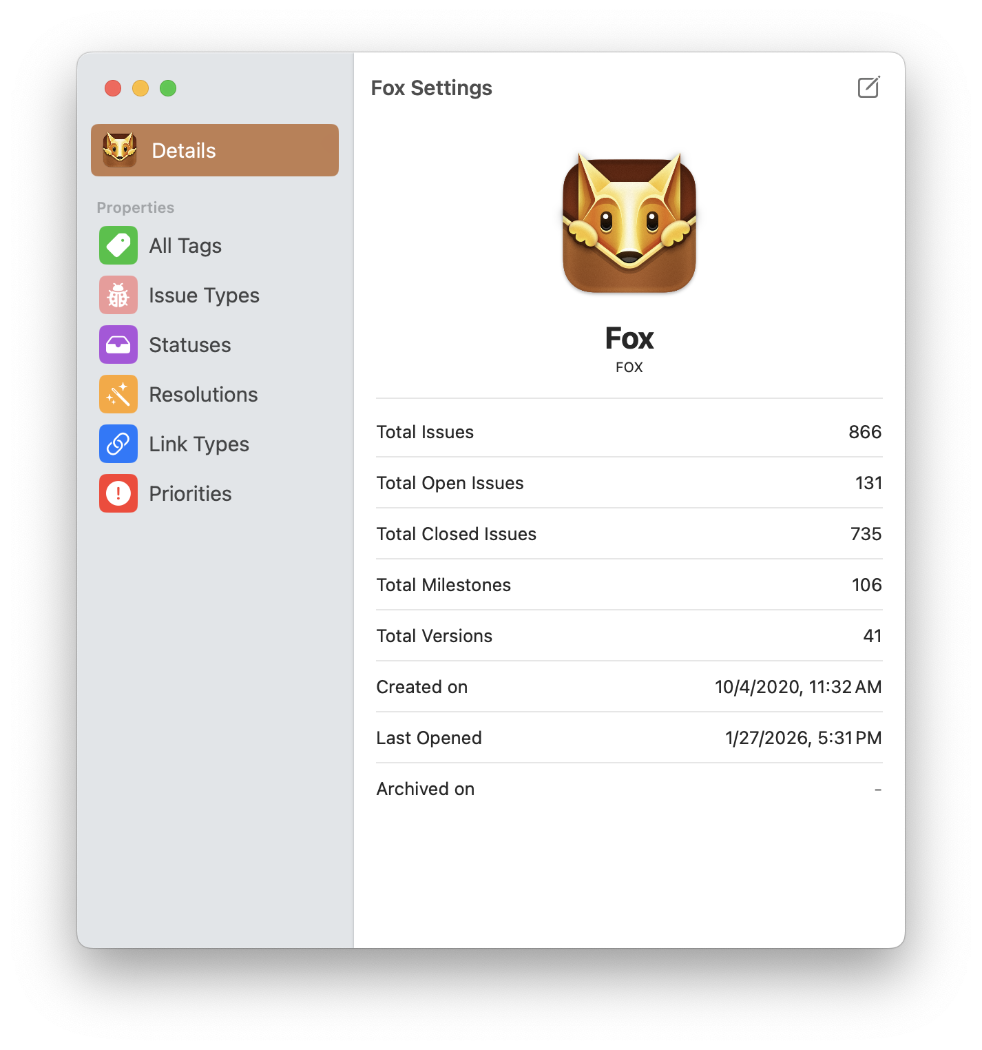 The Project Settings screen on macOS
