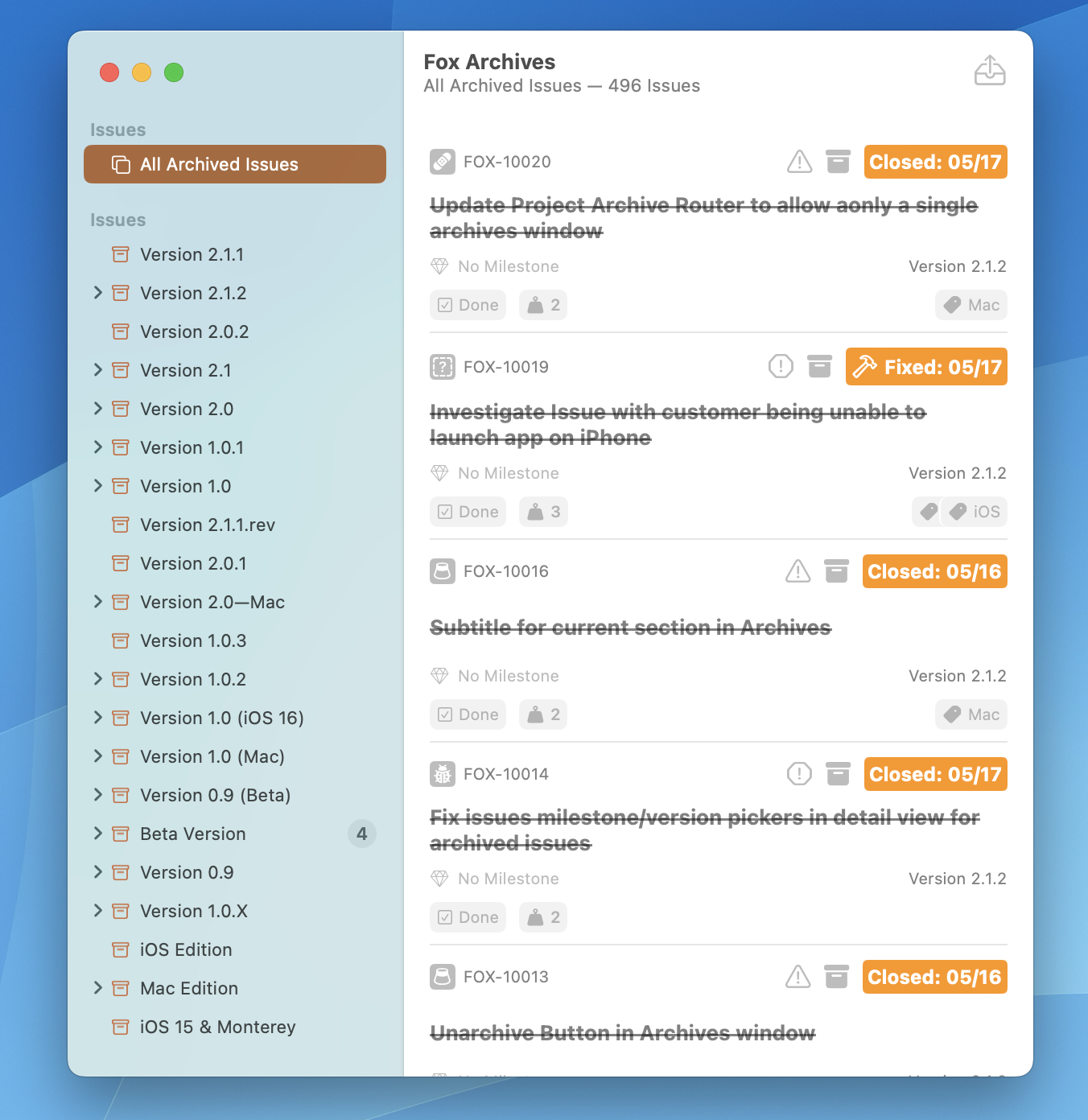 Project Archives Window on macOS