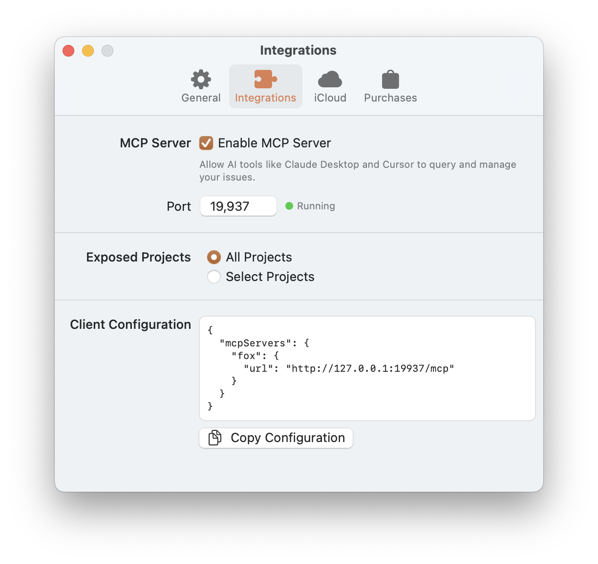 The MCP Settings on macOS