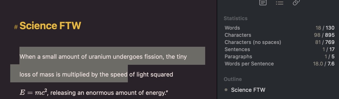 The Inspector with a selection word count on macOS