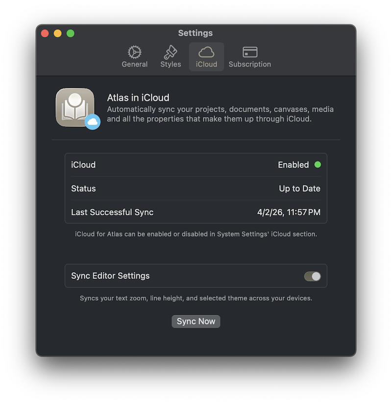 The Atlas iCloud Settings on macOS
