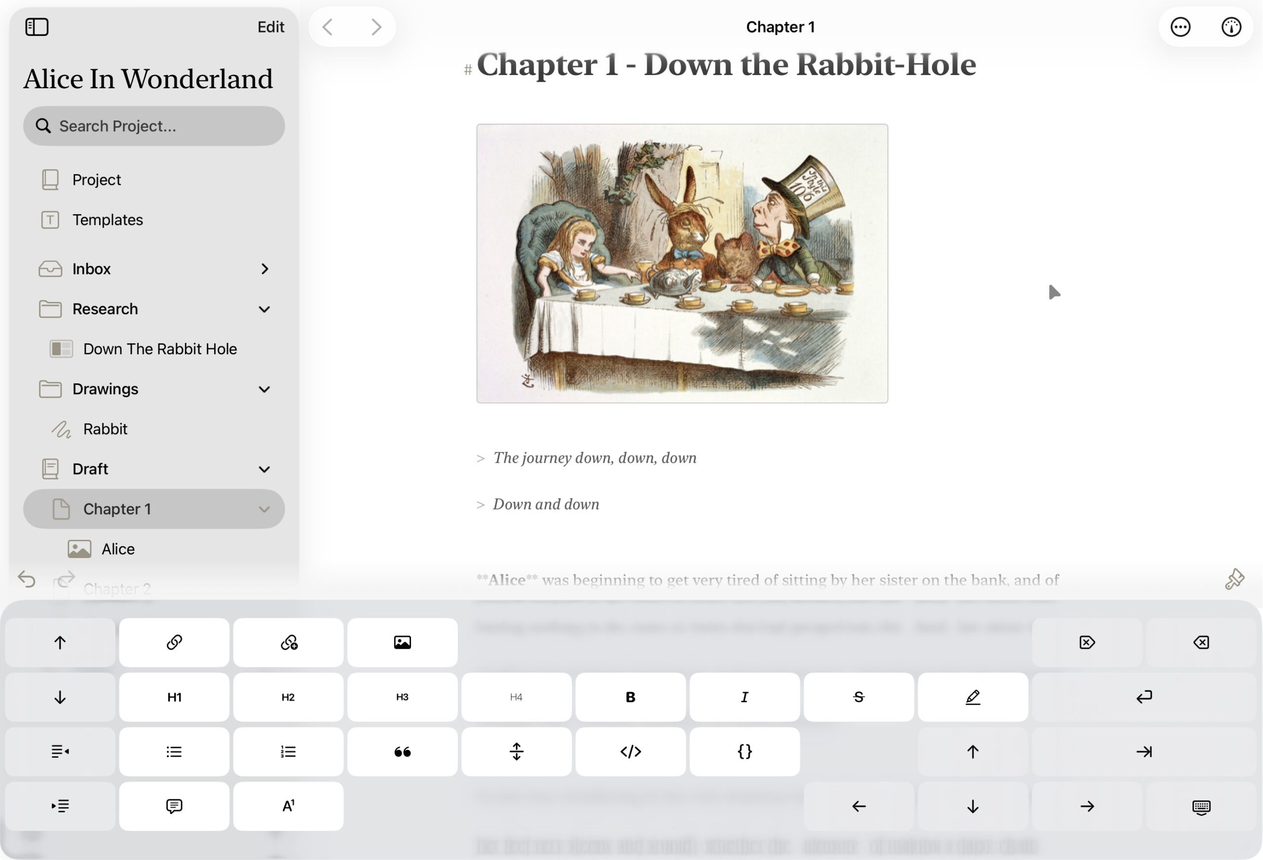 The Markdown Editor on iPadOS with the formatting keyboard visible