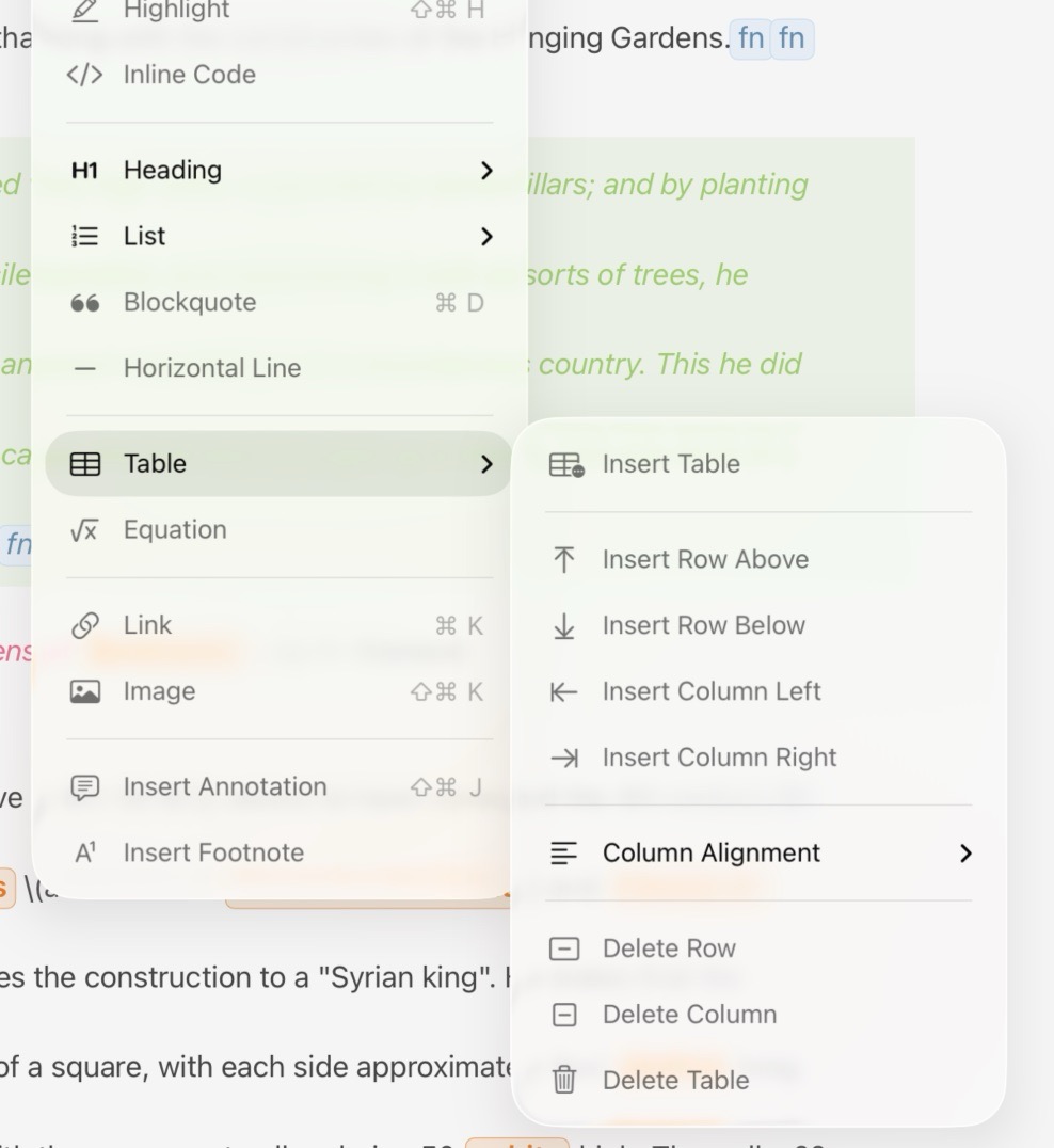 Table options in the main menu bar