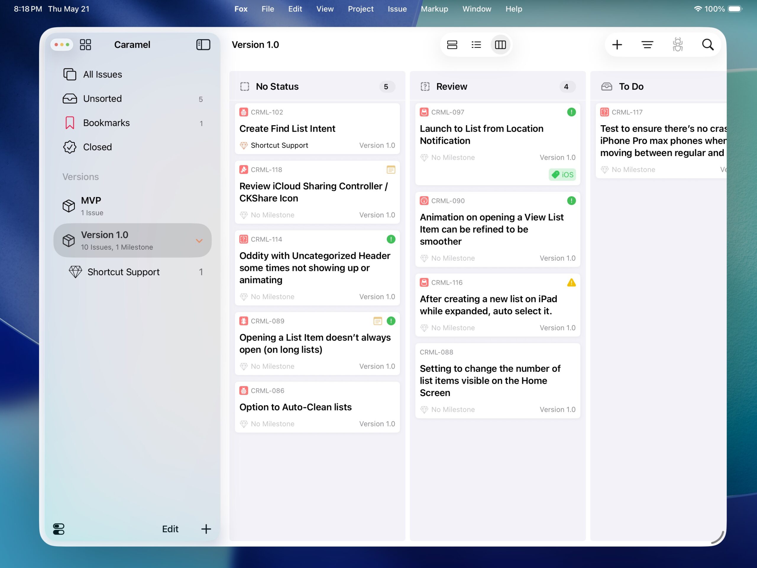 The Kanban Board on Fox Mac