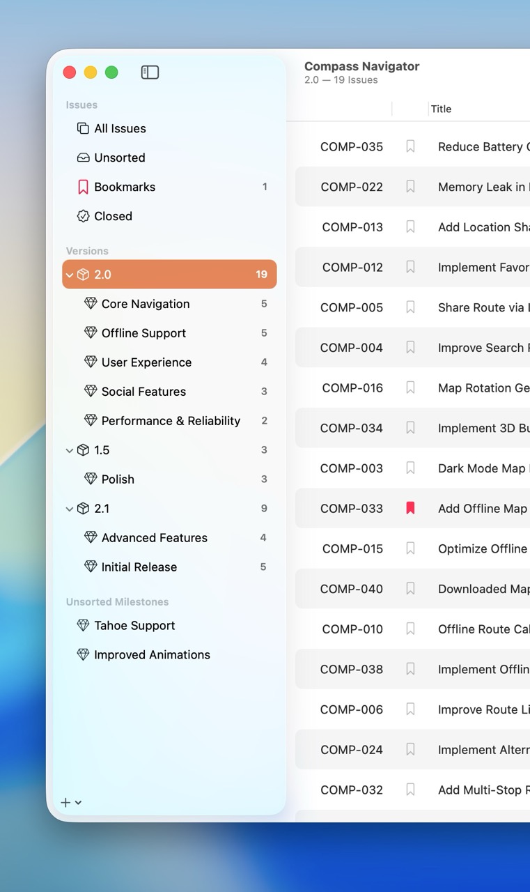 The Navigator showing Versions and Milestones in the Sidebar