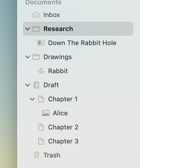 The Organizer, showing a document's structure.