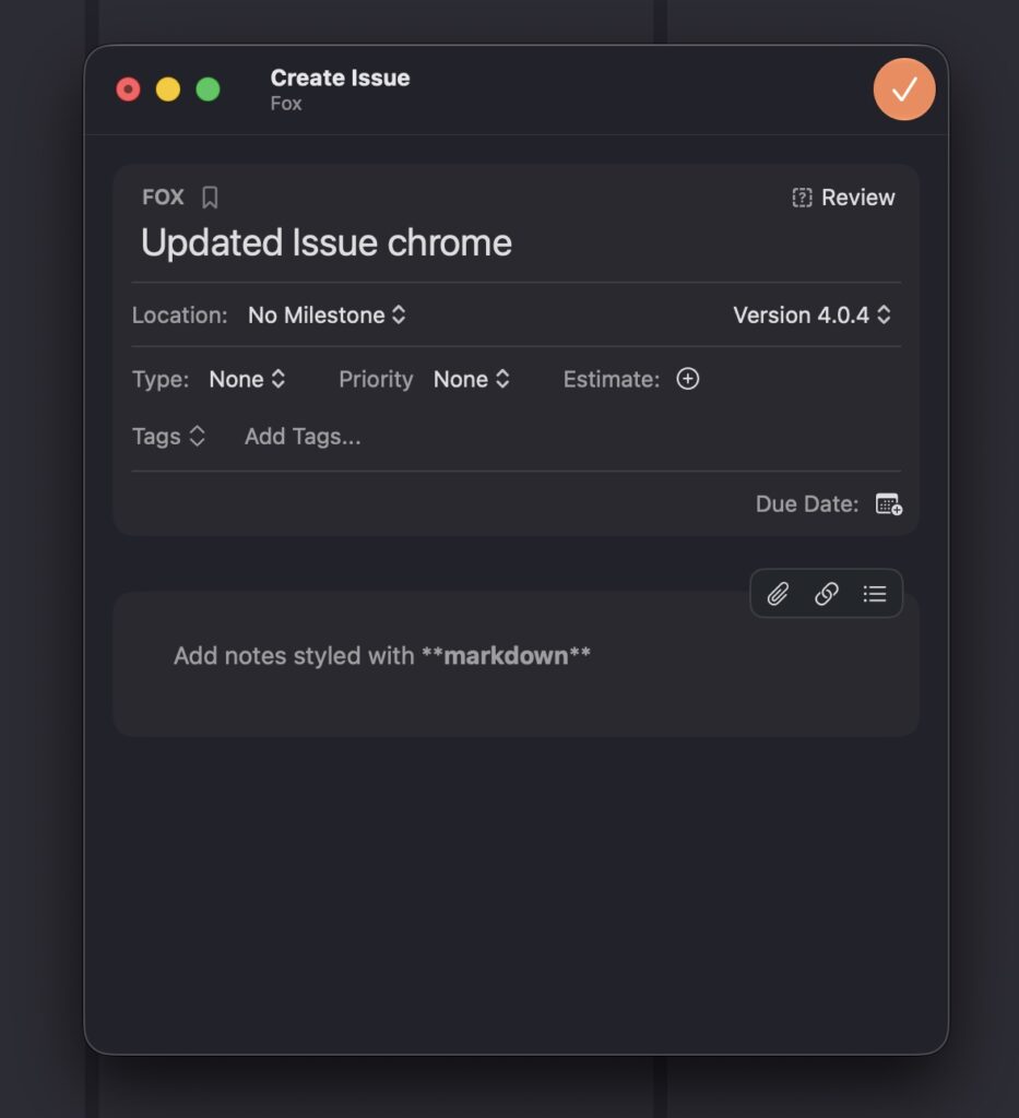 The create issue window on macOS