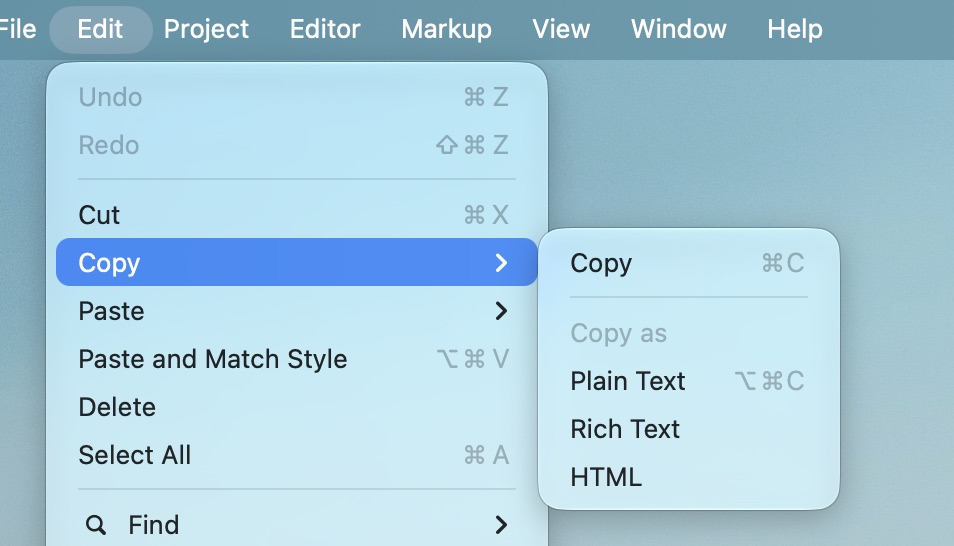 The Copy as menu on macOS