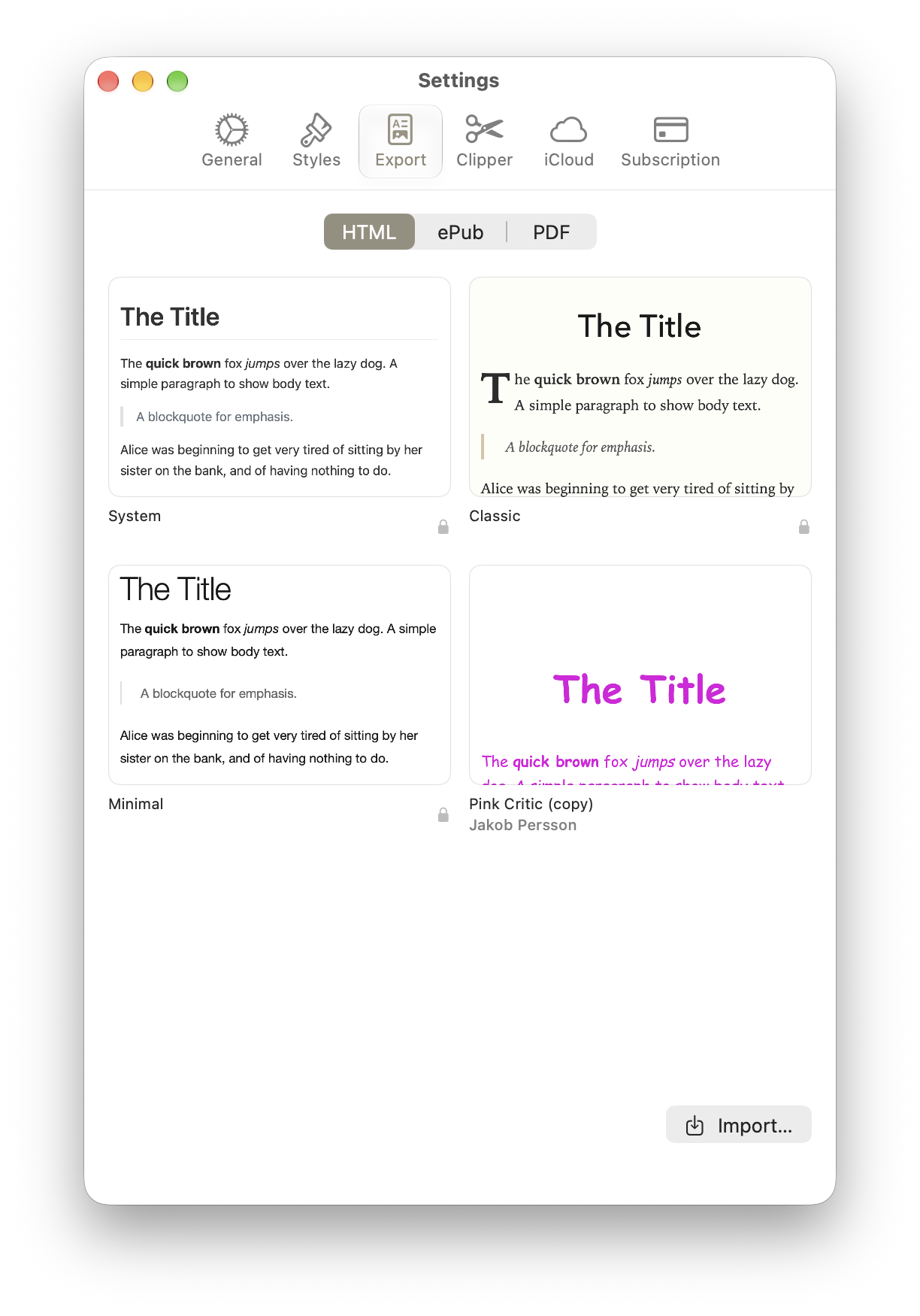 HTML Export Styles in Mac Settings, including an imported style