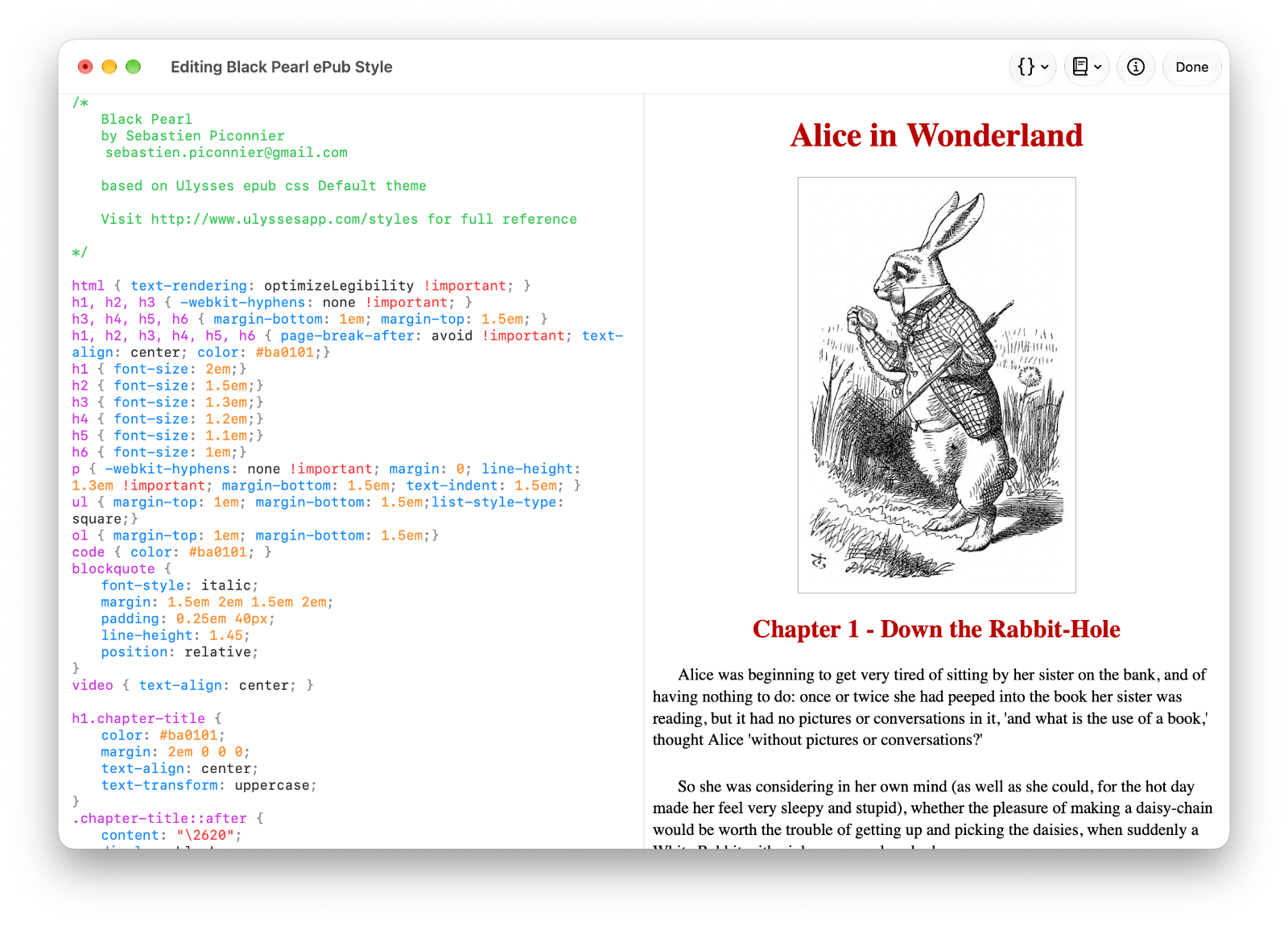 ePub Export Style Editor editing a theme by Sebastien Piconnier