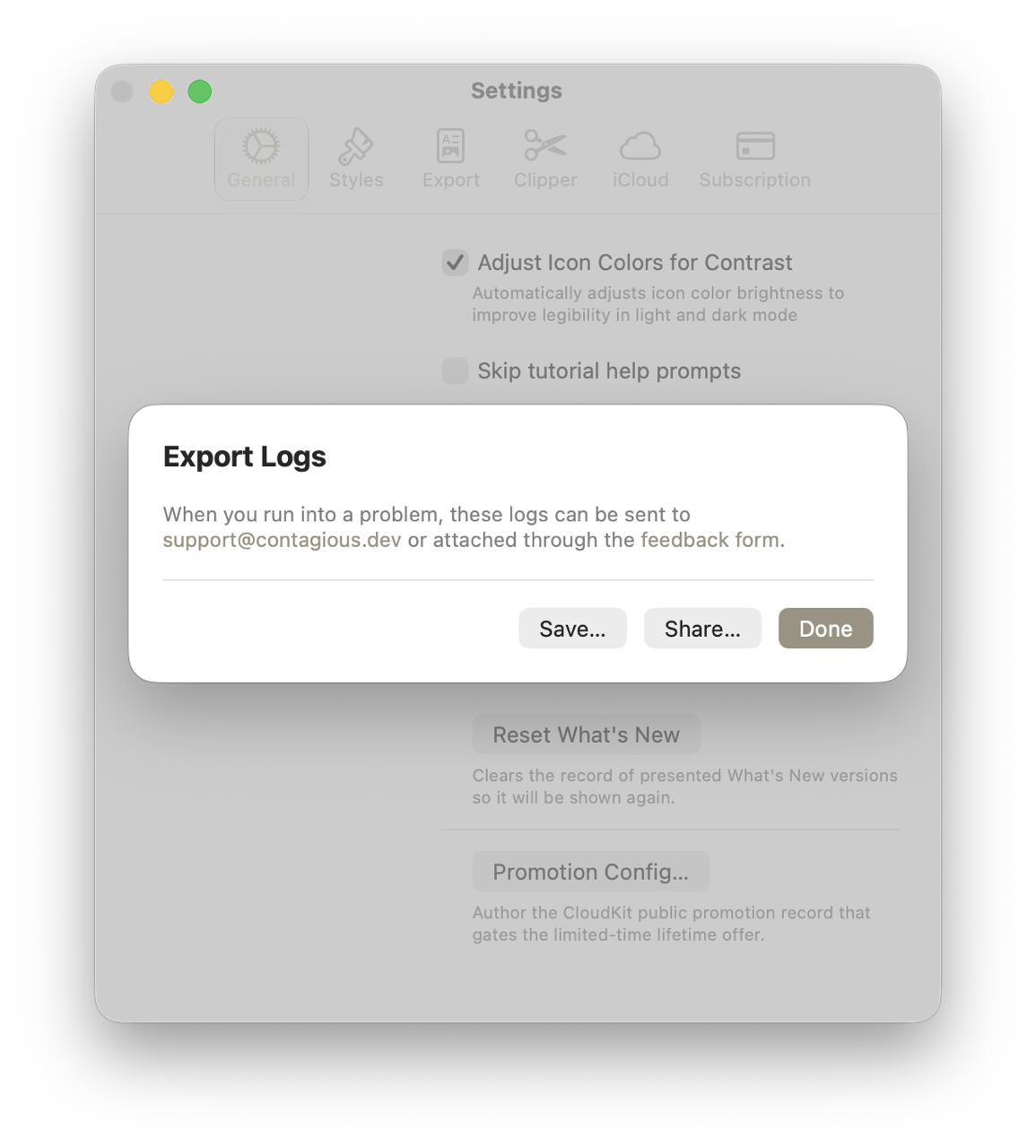 Exporting a log on macOS