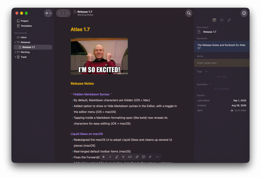 Atlas 1.7 in dark mode, with NO MARKDOWN CHARACTERS (except the one spot we purposely revealed them)