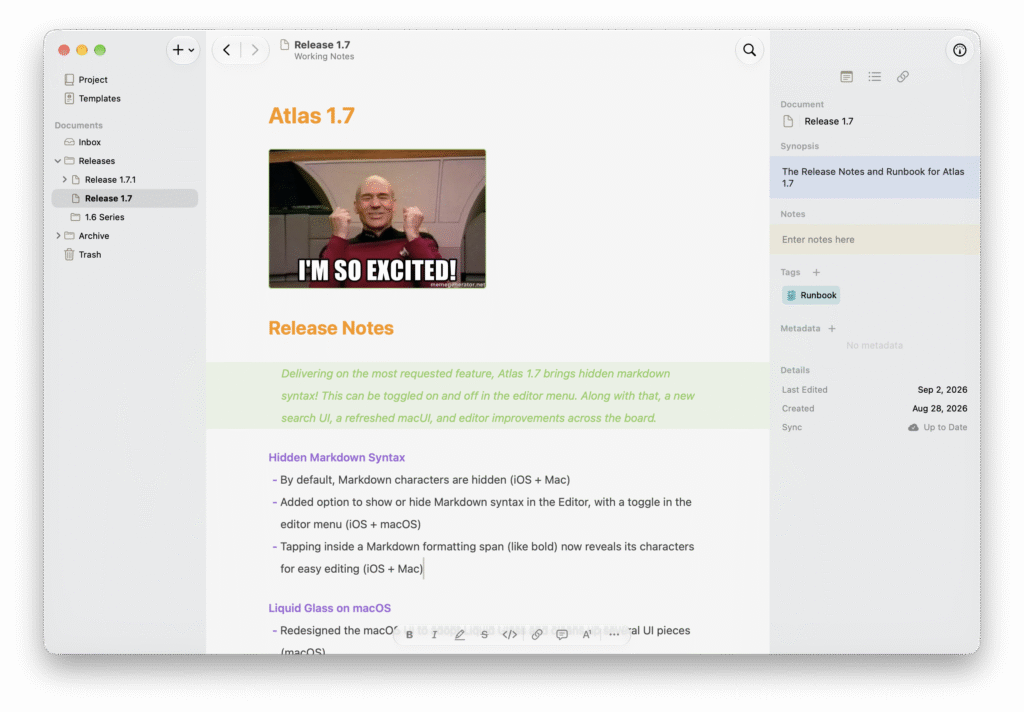 Atlas 1.7 in dark mode, with NO MARKDOWN CHARACTERS (except the one spot we purposely revealed them)