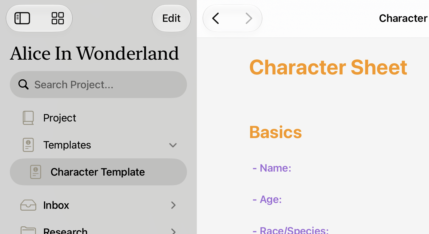 Templates listed in the organizer